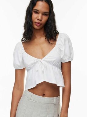 NWT Aritzia Sunday Best Kaia White Puff-Sleeve Tie-Front Cropped Top - XL